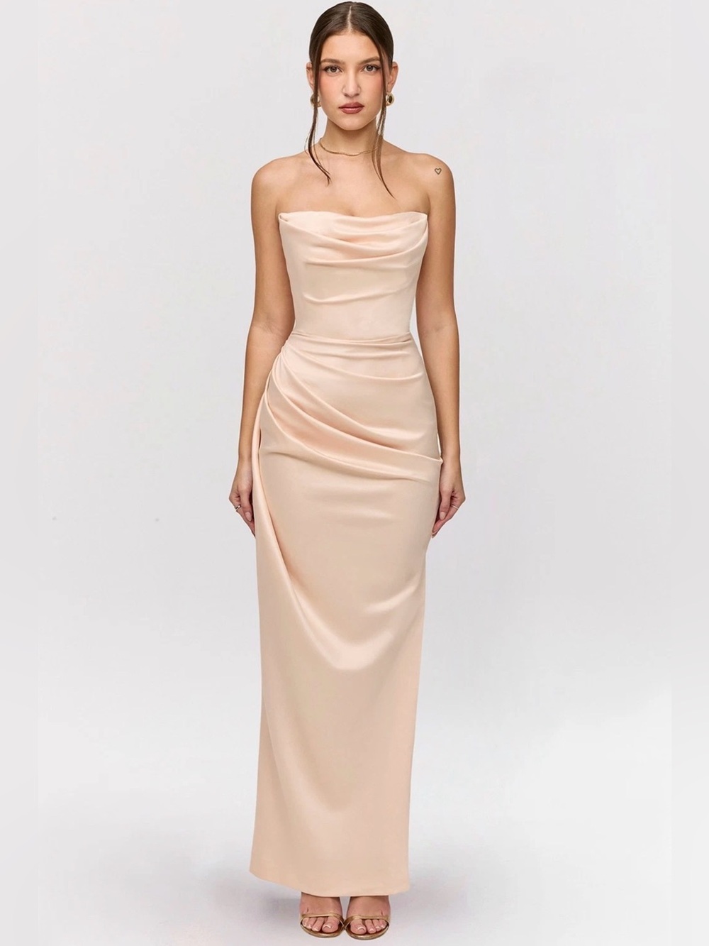 House of CB “Adrienne” Champagne Satin Strapless Corset Maxi Dress with Slit
